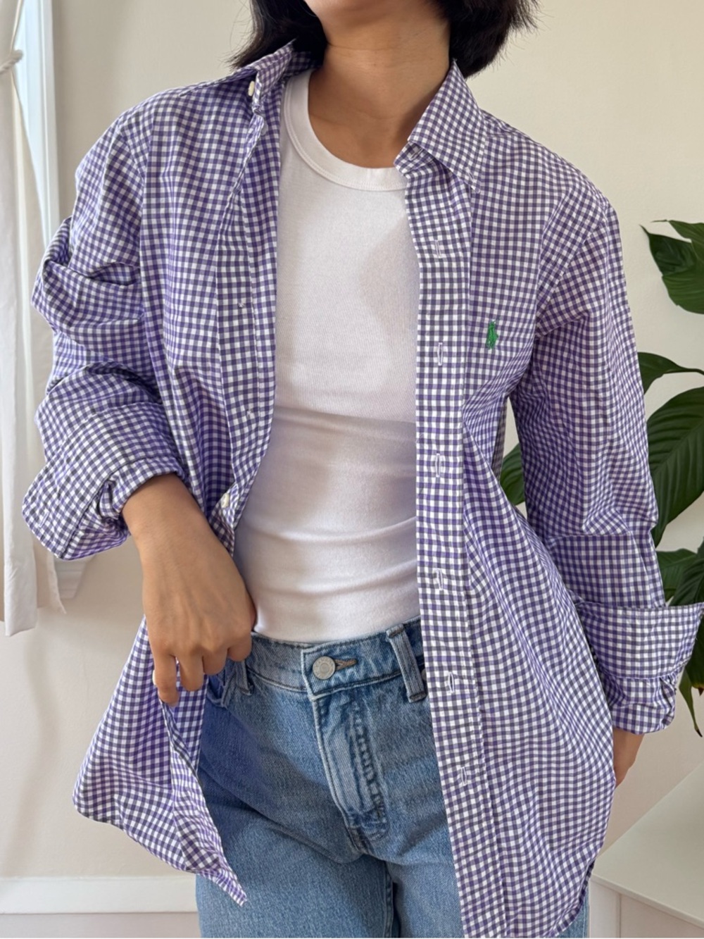 Ralph Lauren 100% Cotton Button Down Purple And White Checkered Shirt Size Small
